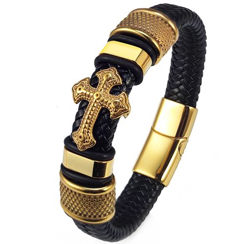 ***COI Gold Tone Titanium Cross Genuine Leather Bracelet With Steel Clasp(Length: 8.07 inches)-00002