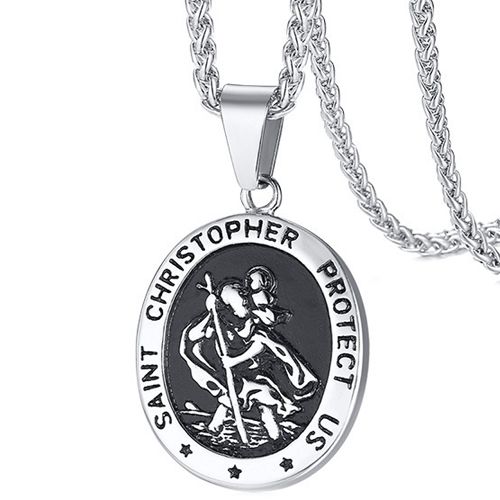 ***COI Titanium Black Silver Saint Christopher Protect Us Pendant-00024A