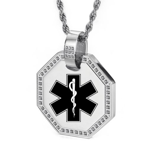 ***COI Titanium Gold Tone/Silver Medical Alert Pendant With CNC Cubic Zirconia-00110A