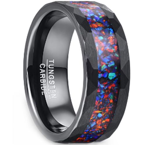 ***COI Black Tungsten Carbide Faceted Ring With Crushed Opal-00219A