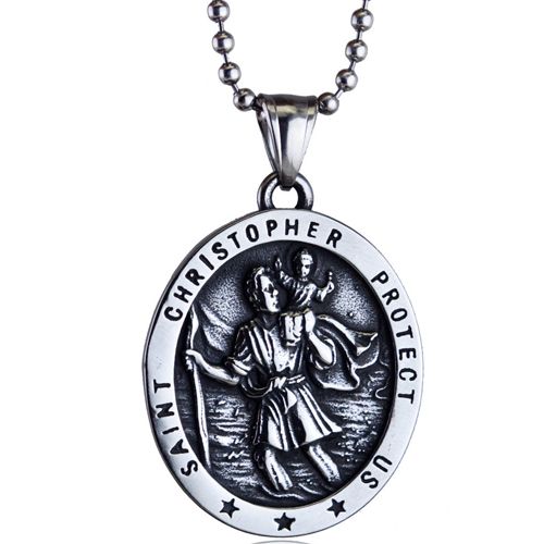 **COI Titanium Black Silver Saint Christopher Protect Us Pendant-100001