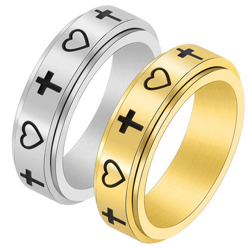 **COI Titanium Rose/Gold Tone/Silver Cross & Heart Step Edges Ring-7904