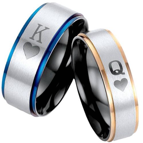 **COI Titanium Black Blue/Rose Silver King Queen Heart Step Edges Ring-9761