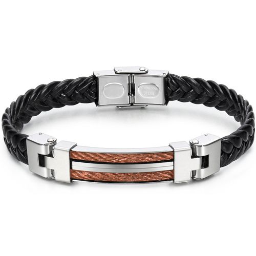 **COI Titanium Silver Black/Gold Tone/Rose Wire Black Genuine Leather Bracelet With Steel Clasp(Length: 8.27 inches)-9793