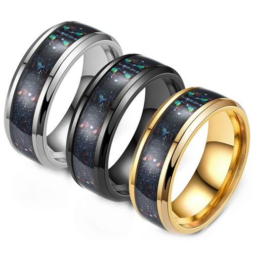 **COI Titanium Black/Gold Tone/Silver Crushed Opal Beveled Edges Ring-9805