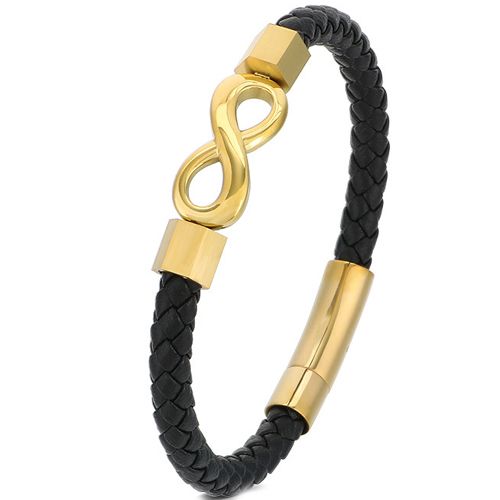 **COI Titanium Black/Gold Tone/Silver Infinity Genuine Leather Bracelet With Steel Clasp(Length: 8.27 inches)-9874