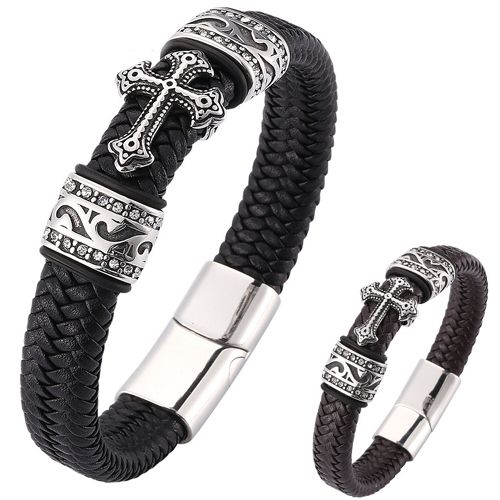 **COI Titanium Black Silver Cross Celtic Cubic Zirconia Black/Brown Genuine Leather Bracelet With Steel Clasp(Length: 8.27 inches)-9879