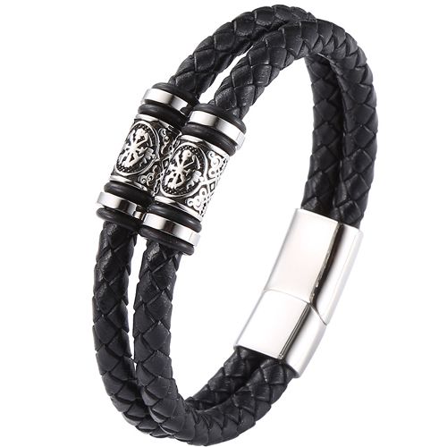 **COI Titanium Black Silver Viking Celtic Genuine Leather Bracelet With Steel Clasp(Length: 8.07 inches)-9884