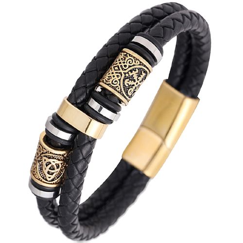 **COI Titanium Gold Tone/Silver Viking Celtic Black Genuine Leather Bracelet With Steel Clasp(Length: 8.46 inches)-9888