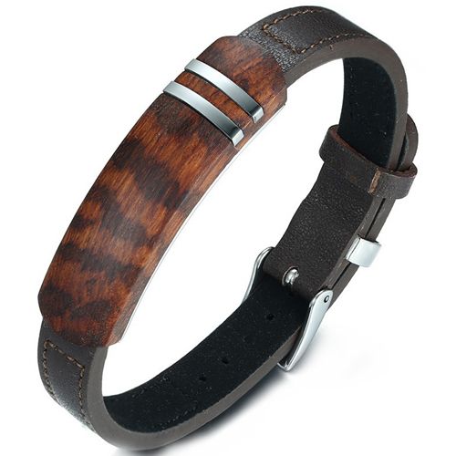 **COI Titanium Wood & Genuine Leather Bracelet With Steel Clasp(Length: 8.27 inches)-9963