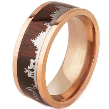 ***COI Titanium Black/Rose Deer & Forest Tree Ring With Wood-00054A