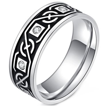 ***COI Titanium Black Silver/Black Celtic Ring With Cubic Zirconia-00064A