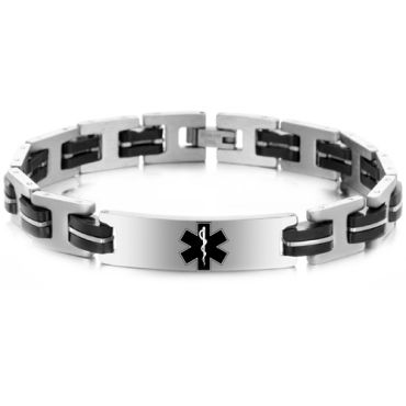 ***COI Titanium Black Silver Medical Alert Bracelet With Steel Clasp(Length: 8.46 inches)-00089A