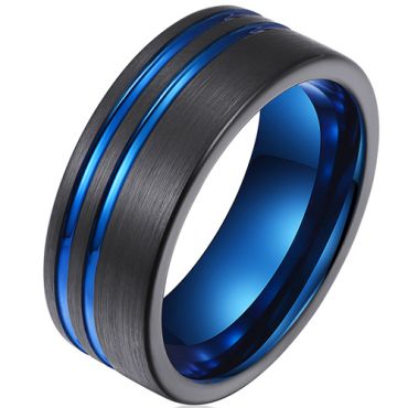 **COI Tungsten Carbide Black Blue Offset Double Grooves Pipe Cut Flat Ring-9707