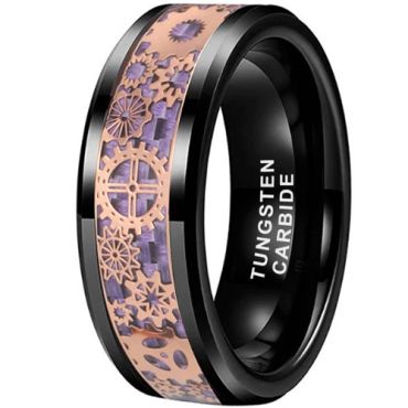 **COI Black Tungsten Carbide Rose Gears Beveled Edges Ring With Purple Carbon Fiber-9834