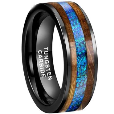 **COI Black Tungsten Carbide Crushed Opal & Wood Pipe Cut Flat Ring-9840