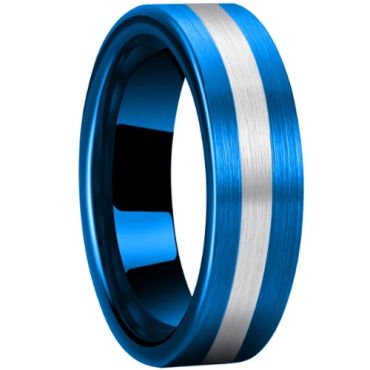 **COI Tungsten Carbide Blue Silver Center Line Pipe Cut Flat Ring-9852