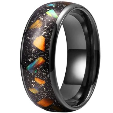 **COI Black Tungsten Carbide Meteorite & Crushed Opal Dome Court Ring-9857