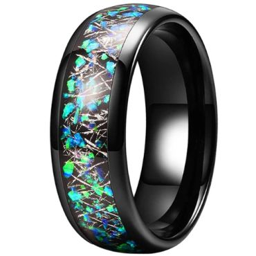 **COI Black Tungsten Carbide Meteorite & Crushed Opal Dome Court Ring-9859
