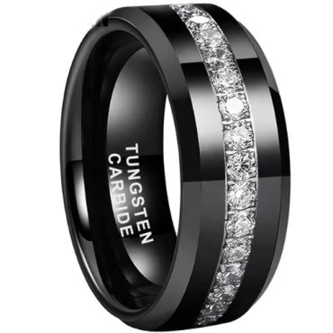 **COI Tungsten Carbide Black/Silver Beveled Edges Ring With Cubic Zirconia-9860