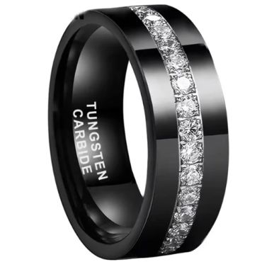 **COI Black Tungsten Carbide Pipe Cut Flat Ring With Cubic Zirconia-9861