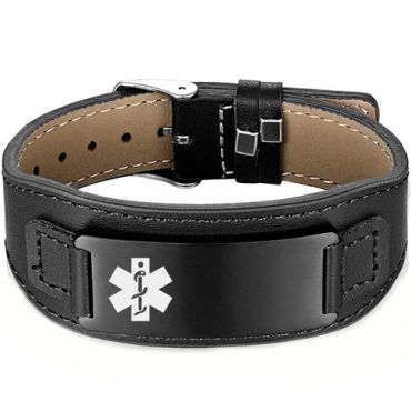 **COI Black Titanium Genuine Leather Medical Alert Bracelet With Steel Clasp(Length: 8.27 inches)-9866