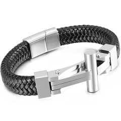 ***COI Titanium Black/Gold Tone/Silver Cross Genuine Leather Bracelet With Steel Clasp(Length: 8.27 inches)-00048AA