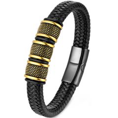 ***COI Titanium Black Gold Tone/Silver/Black Genuine Leather Bracelet With Steel Clasp(Length: 9.06 inches)-00120A