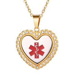 ***COI Titanium Gold Tone Silver Medical Alert Pendant With Cubic Zirconia-00454A