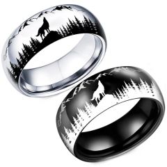 **COI Titanium Black/Silver Wolf Forest Trees & Mountain Ring-9965