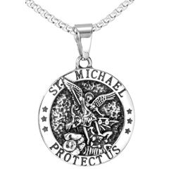 **COI Titanium Black Silver St. Michael Protect Us Pendant-9781