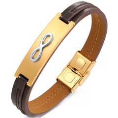 **COI Titanium Black/Gold Tone Infinity Genuine Leather Bracelet With Steel Clasp(Length: 8.27 inches)-9811