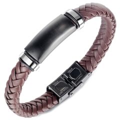 **COI Titanium Black Silver Black/Brown Genuine Leather Bracelet With Steel Clasp(Length: 8.27 inches)-9872