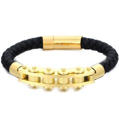 **COI Titanium Black/Gold Tone/Silver Genuine Leather Bracelet With Steel Clasp(Length: 8.27 inches)-9875