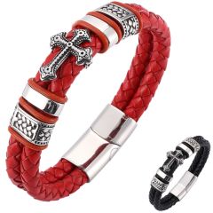 **COI Titanium Black Silver Cross Black/Red Genuine Leather Bracelet With Steel Clasp(Length: 8.27 inches)-9878