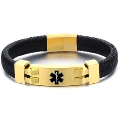 **COI Titanium Black/Gold Tone/Silver Medical Alert Genuine Leather Bracelet With Steel Clasp(Length: 8.27 inches)-9880