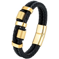 **COI Titanium Black/Gold Tone/Silver Checkered Flag Genuine Leather Bracelet With Steel Clasp(Length: 8.07 inches)-9883