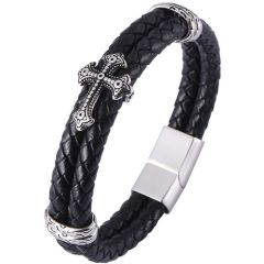 **COI Titanium Black Silver Cross Black Genuine Leather Bracelet With Steel Clasp(Length: 8.27 inches)-9887