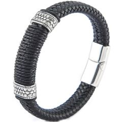 **COI Titanium Black Silver Black Genuine Leather Bracelet With Steel Clasp(Length: 8.27 inches)-9889