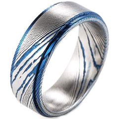 **COI Titanium Blue Silver Damascus Step Edges Ring-9891